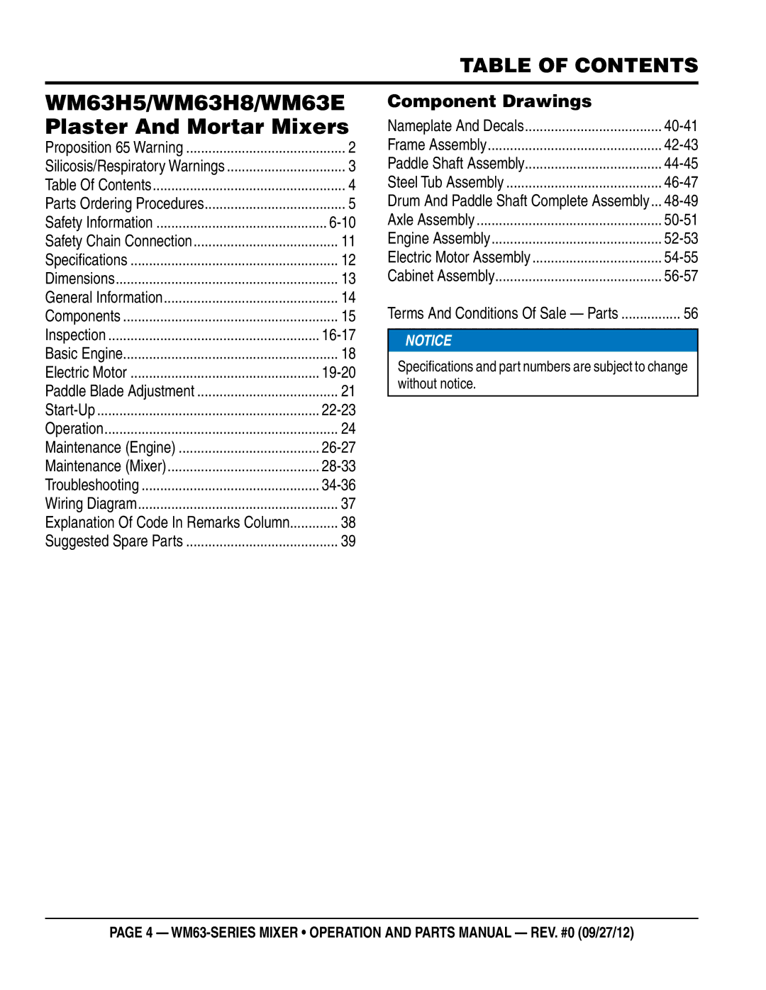 Multiquip manual WM63H5/WM63H8/WM63E Plaster And Mortar Mixers, Table of Contents 