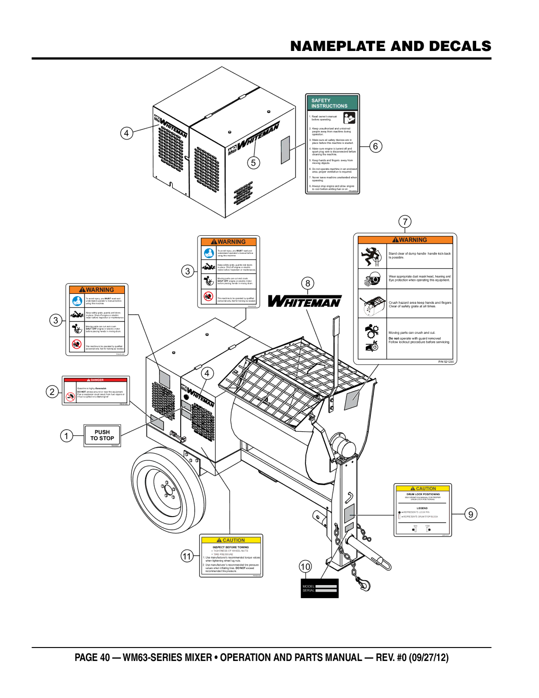 Multiquip WM63H8, WM63H5 manual Nameplate and decals, Safety Instructions 