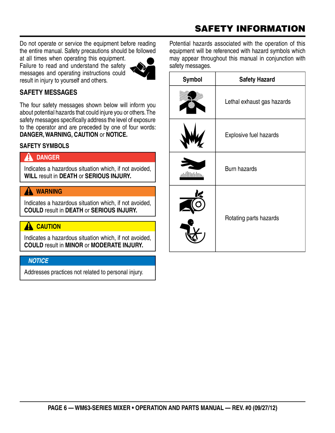 Multiquip WM63H8, WM63H5 Safety information, SaFeTY messages, Explosive fuel hazards, Burn hazards, Rotating parts hazards 