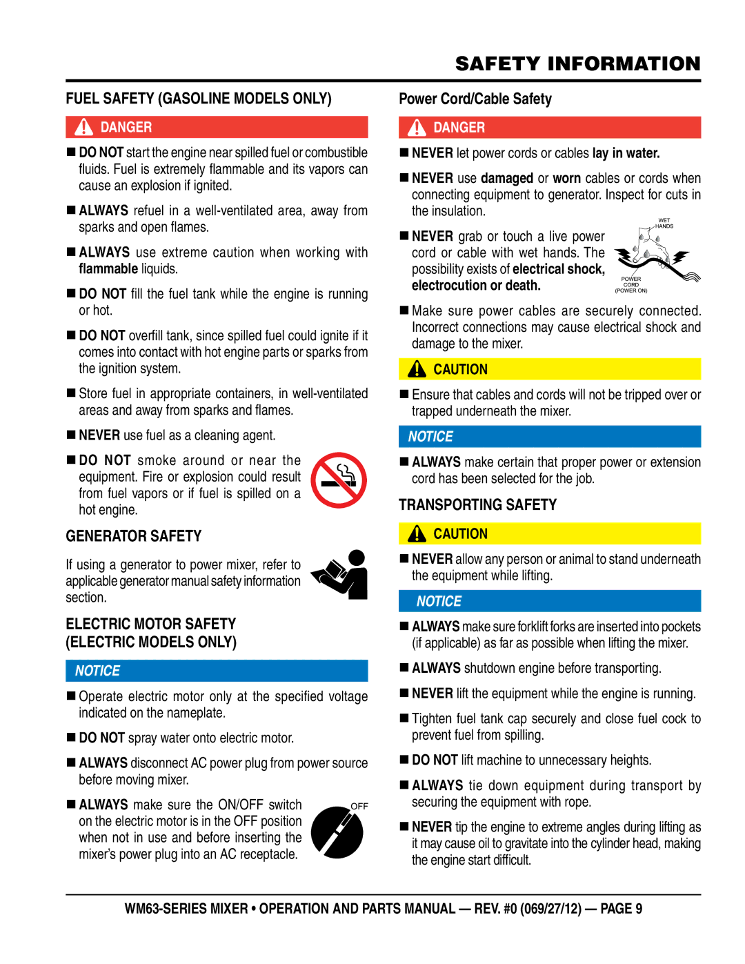 Multiquip WM63H5, WM63H8 Fuel saFeTY gasoline models onlY, GeneraTor saFeTY, EleCTriC moTor saFeTY eleCTriC models onlY 