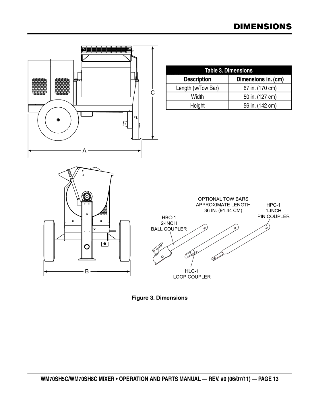 Multiquip WM70SH8C, WM70SH5C manual Dimensions 