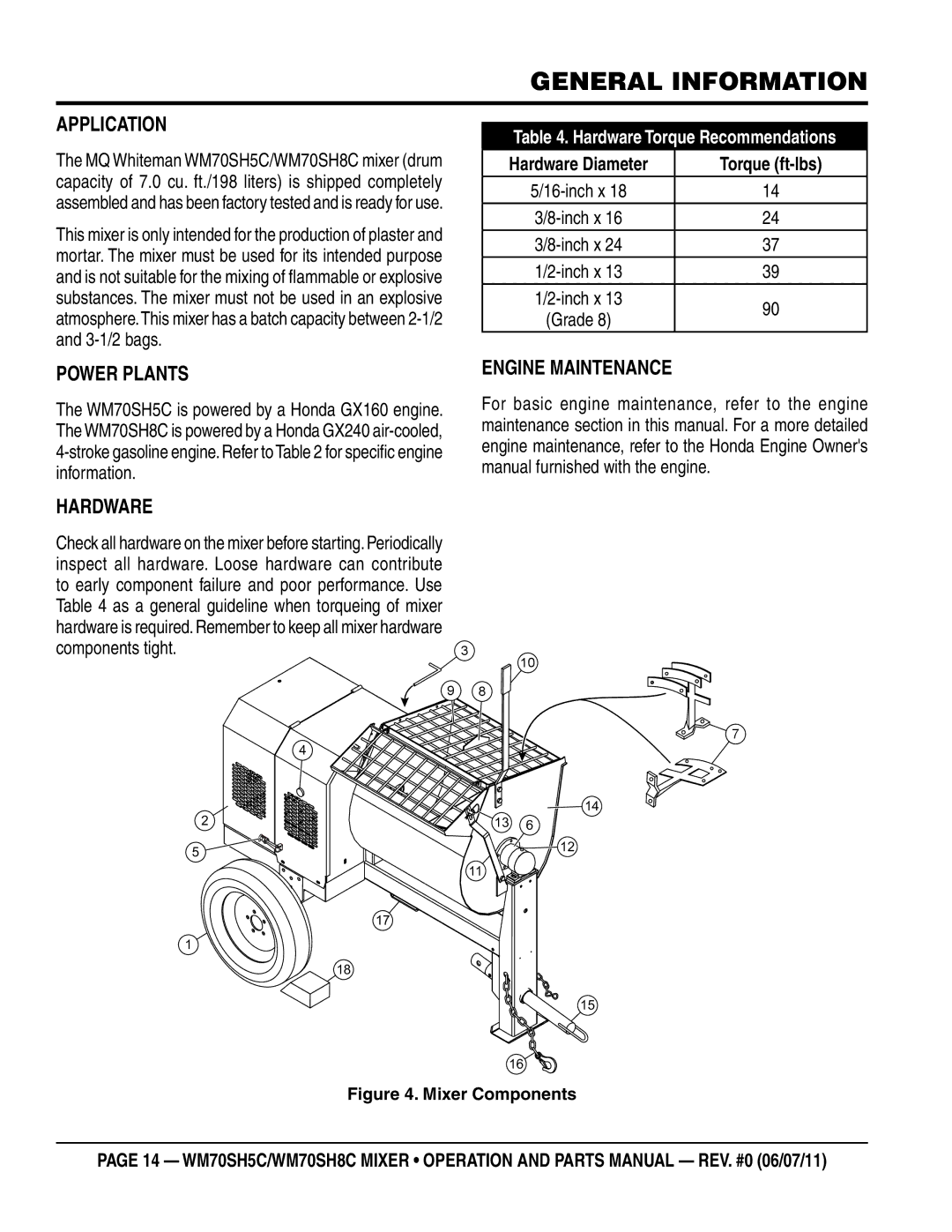 Multiquip WM70SH5C, WM70SH8C manual General information, Application, Power Plants, Engine Maintenance Hardware 