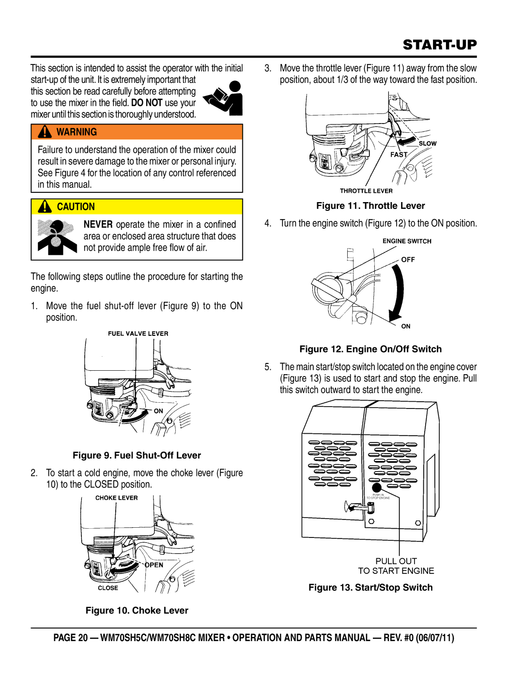 Multiquip WM70SH5C, WM70SH8C manual Start-up, Turn the engine switch to the on position 