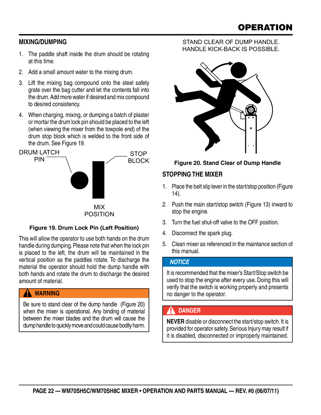 Multiquip WM70SH5C, WM70SH8C manual Operation, Mixing/Dumping, Stopping the Mixer 