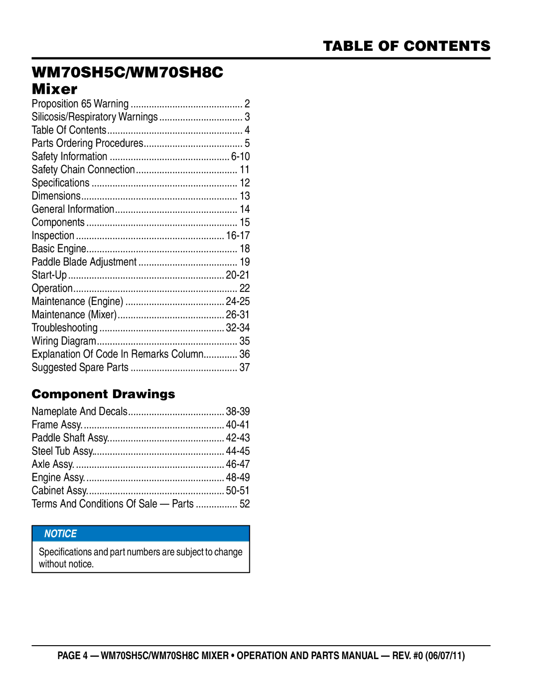 Multiquip manual WM70SH5C/WM70SH8C, Table of Contents 