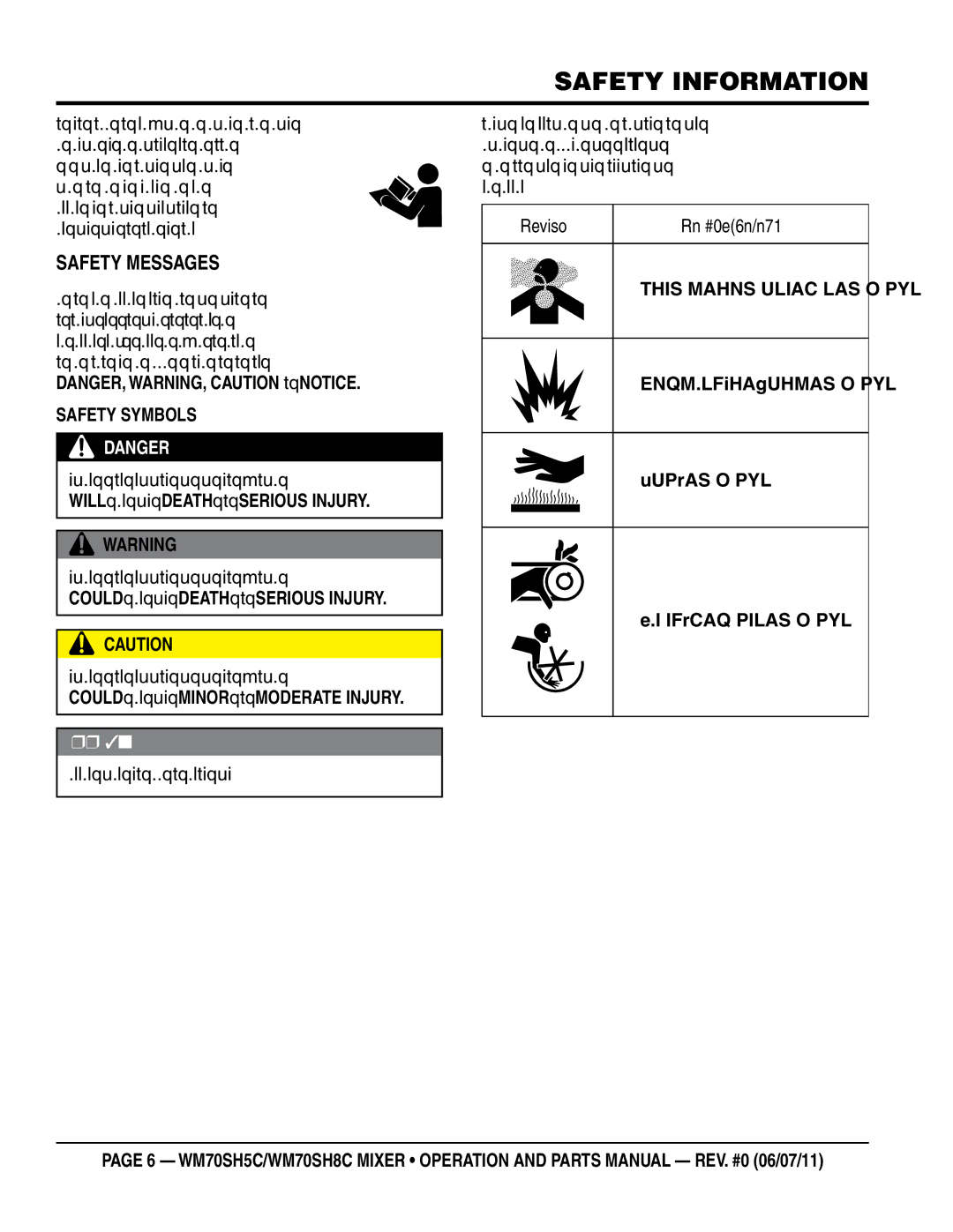 Multiquip WM70SH5C manual Safety information, SaFeTY MeSSageS, Explosive fuel hazards, Burn hazards, Rotating parts hazards 