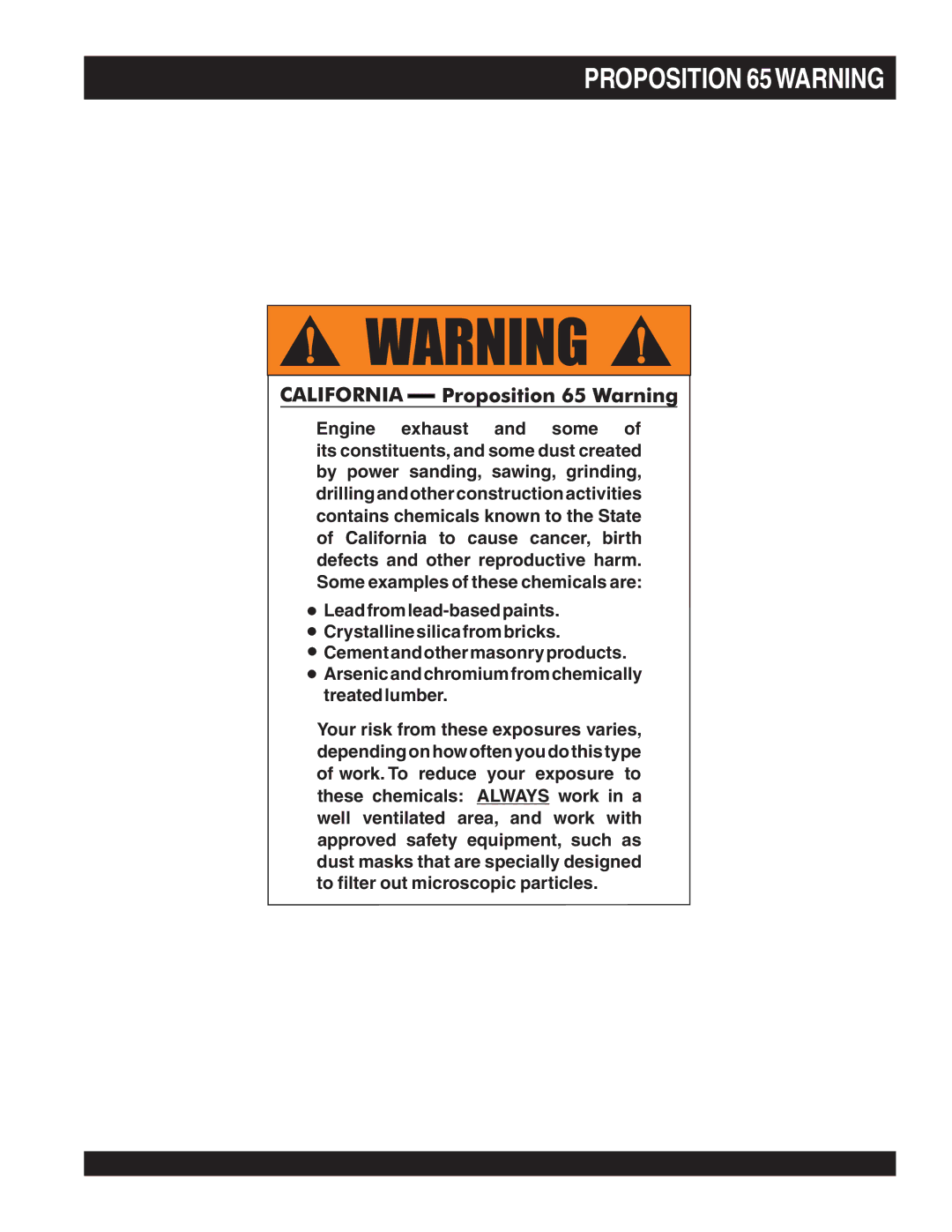 Multiquip WPB16E (Electric Start), WPB16 (Recoil Start) manual Proposition 65WARNING 