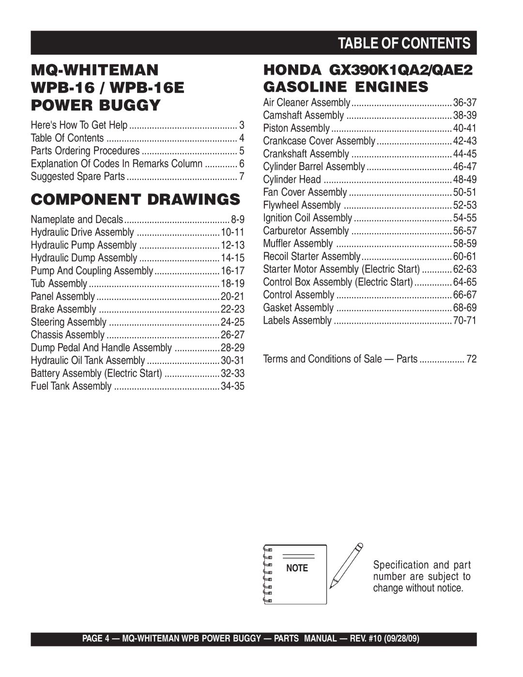 Multiquip WPB16E (Electric Start), WPB16 (Recoil Start) manual Table of Contents 