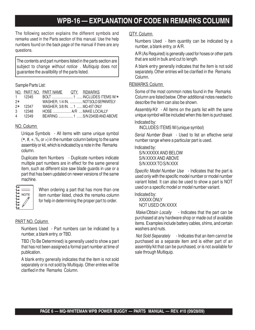 Multiquip WPB16E (Electric Start), WPB16 (Recoil Start) manual WPB-16 Explanation of Code in Remarks Column 