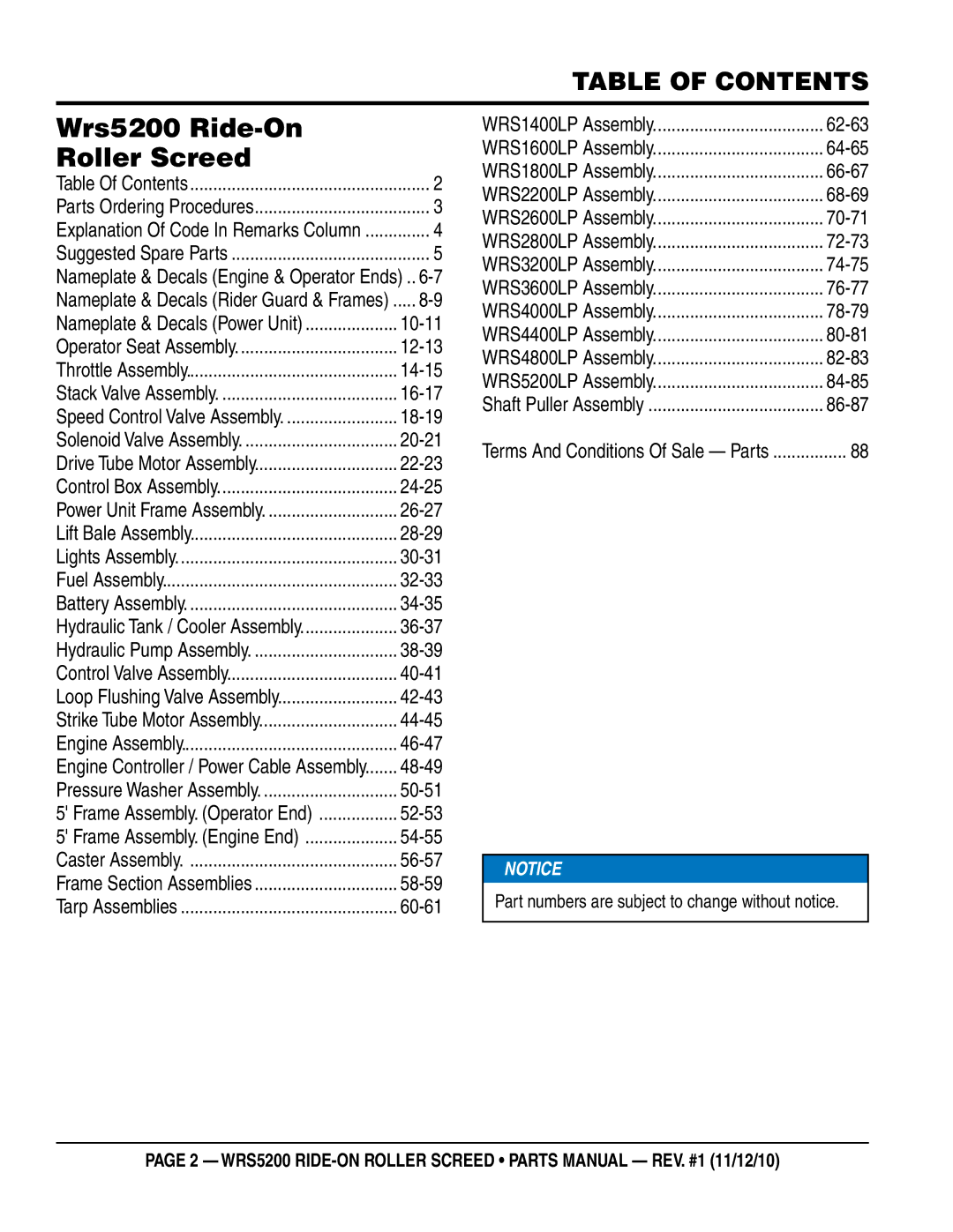 Multiquip wrs5200 manual Wrs5200 Ride-On Roller Screed, Table of Contents 