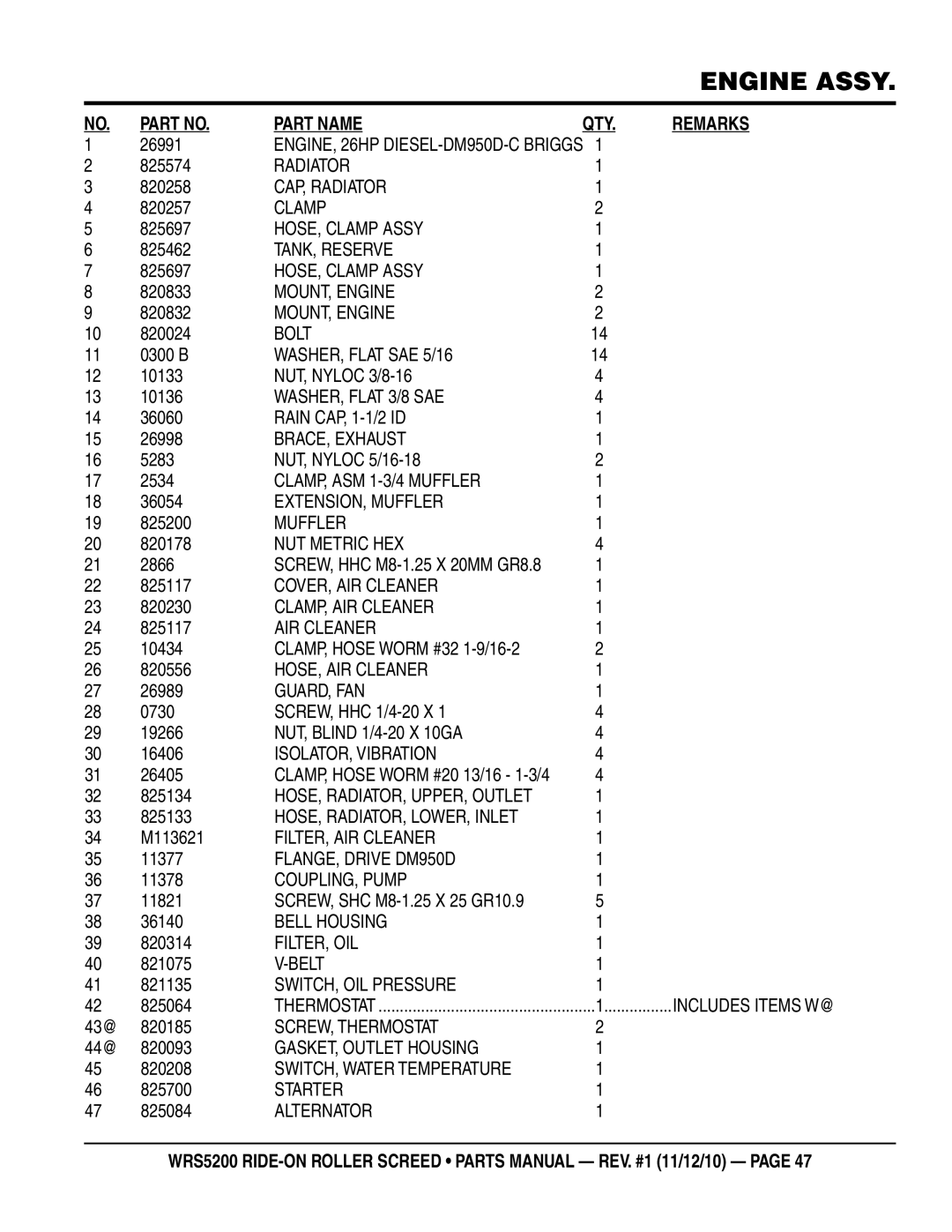 Multiquip wrs5200 manual ENGINE, 26HP DIESEL-DM950D-C Briggs, CAP, Radiator, HOSE, Clamp Assy, TANK, Reserve, Bolt 