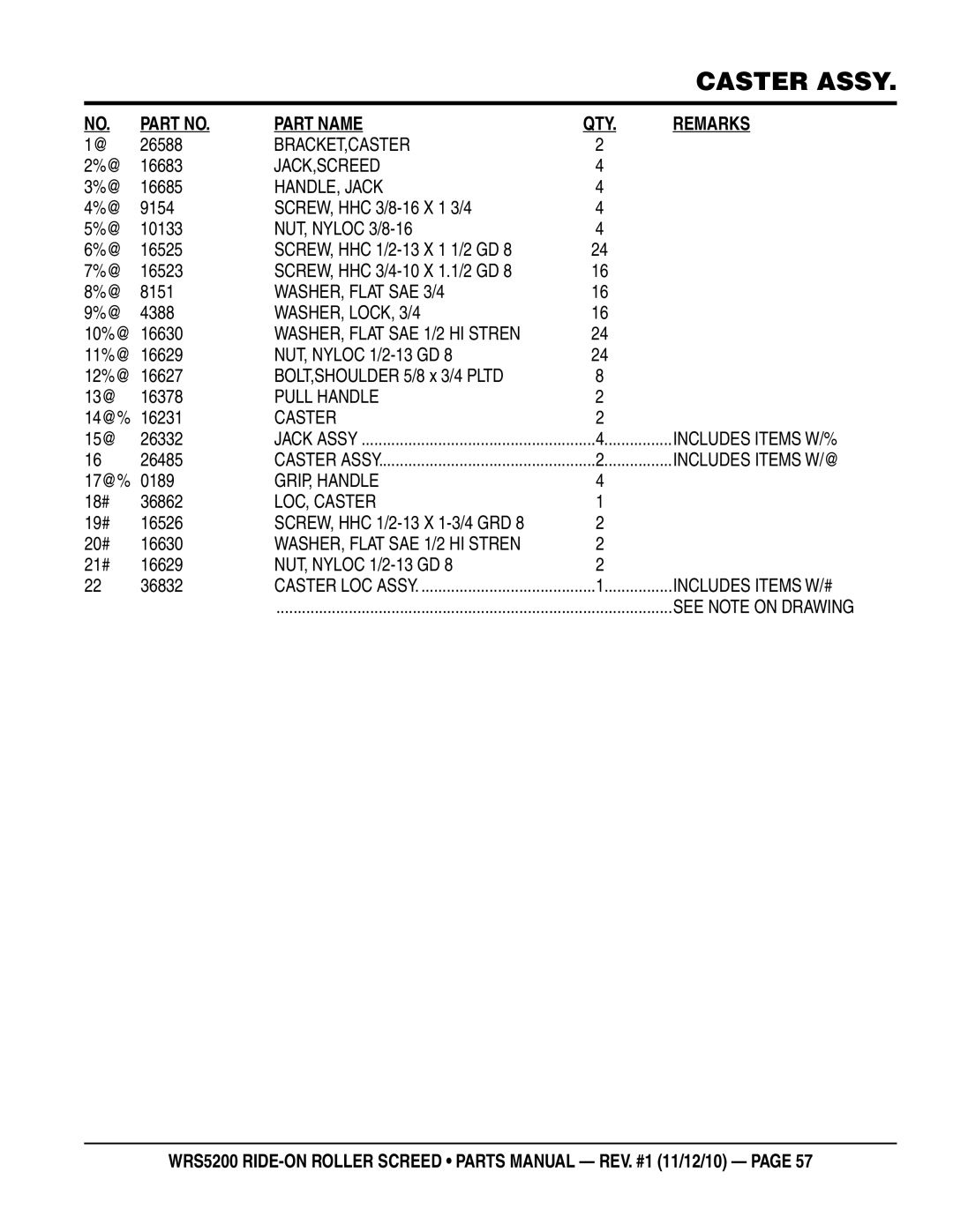 Multiquip wrs5200 manual Bracket,Caster, Jack,Screed, HANDLE, Jack, WASHER, Flat SAE 3/4, WASHER, LOCK, 3/4, Pull Handle 