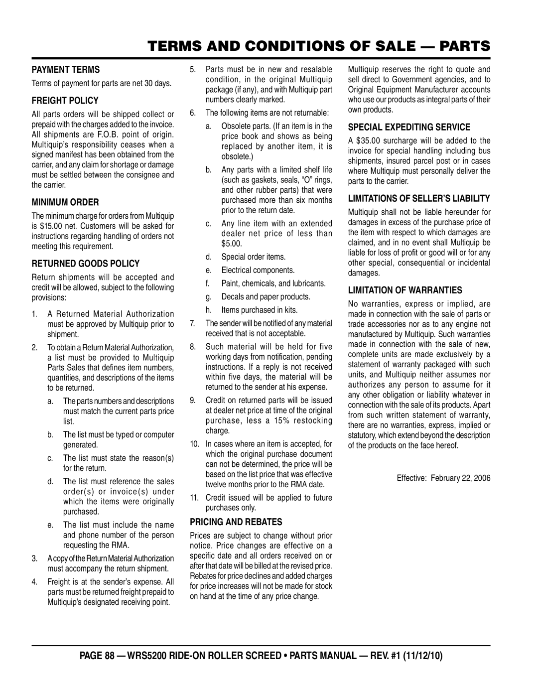 Multiquip wrs5200 manual Terms and Conditions of Sale Parts, FReIghT pOLICY 