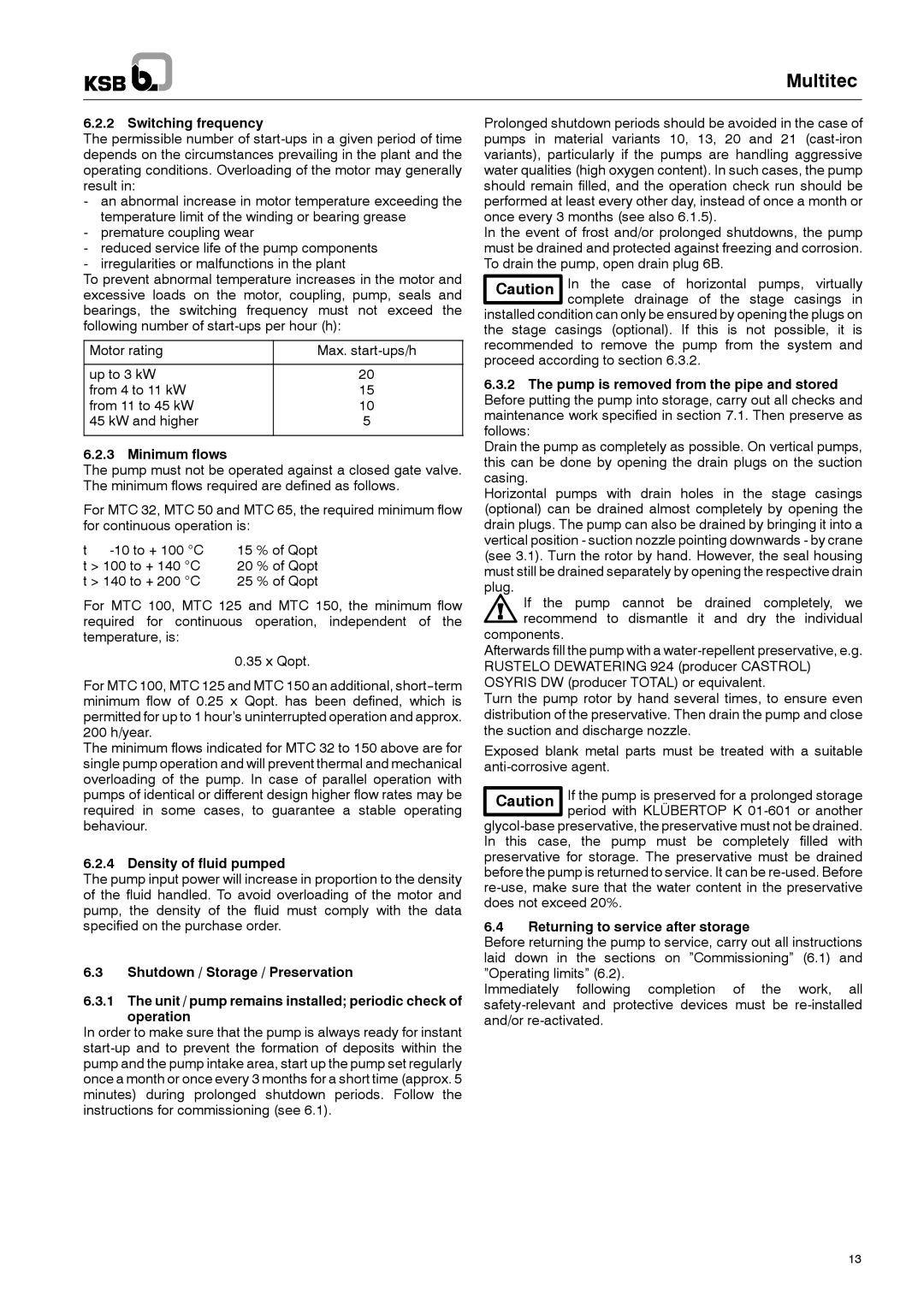 Multitech 1777.8/7-10 G3 Switching frequency, Minimum flows, Density of fluid pumped, Returning to service after storage 