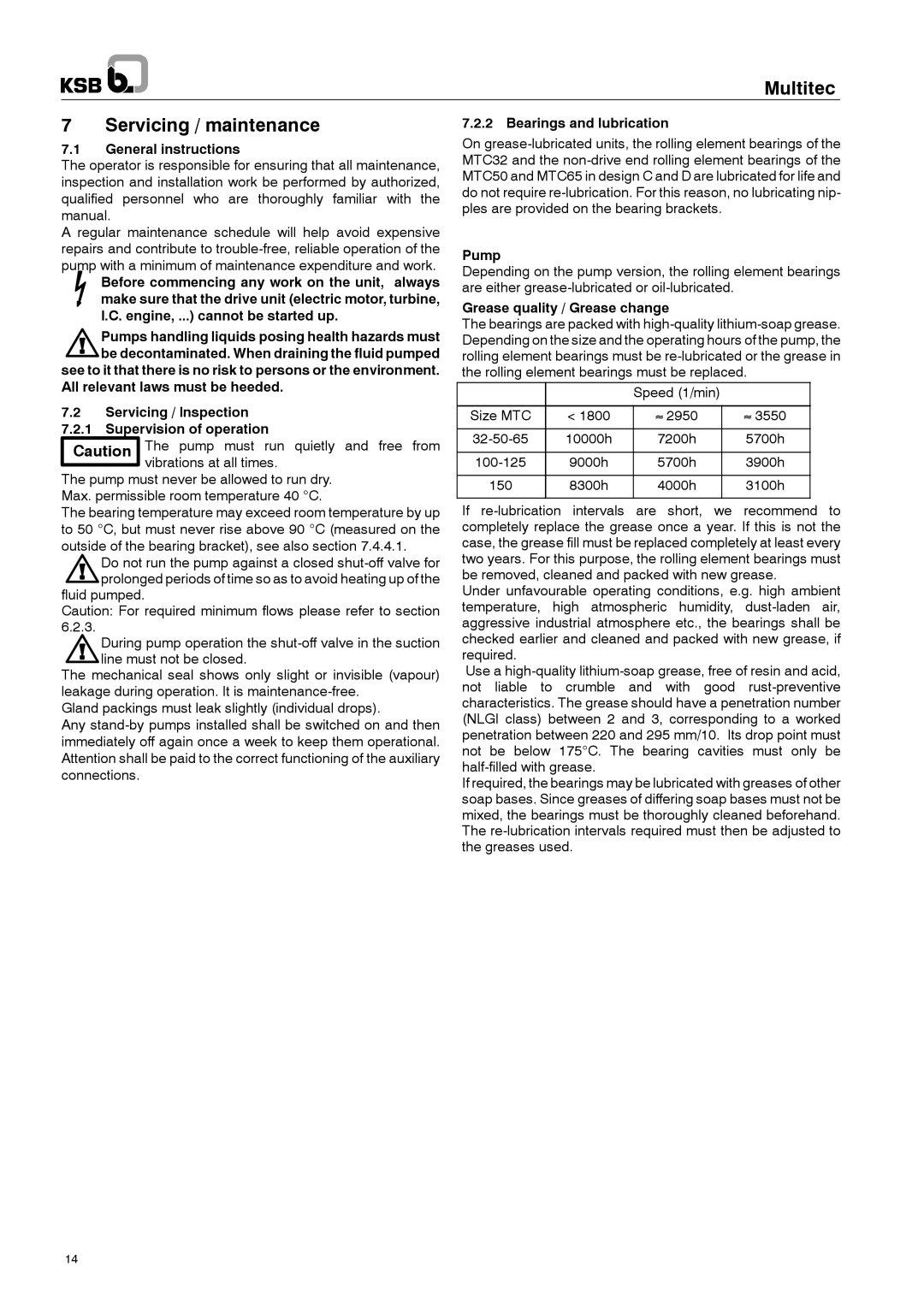 Multitech 1777.8/7-10 G3 Multitec Servicing / maintenance, Bearings and lubrication, General instructions, Pump 