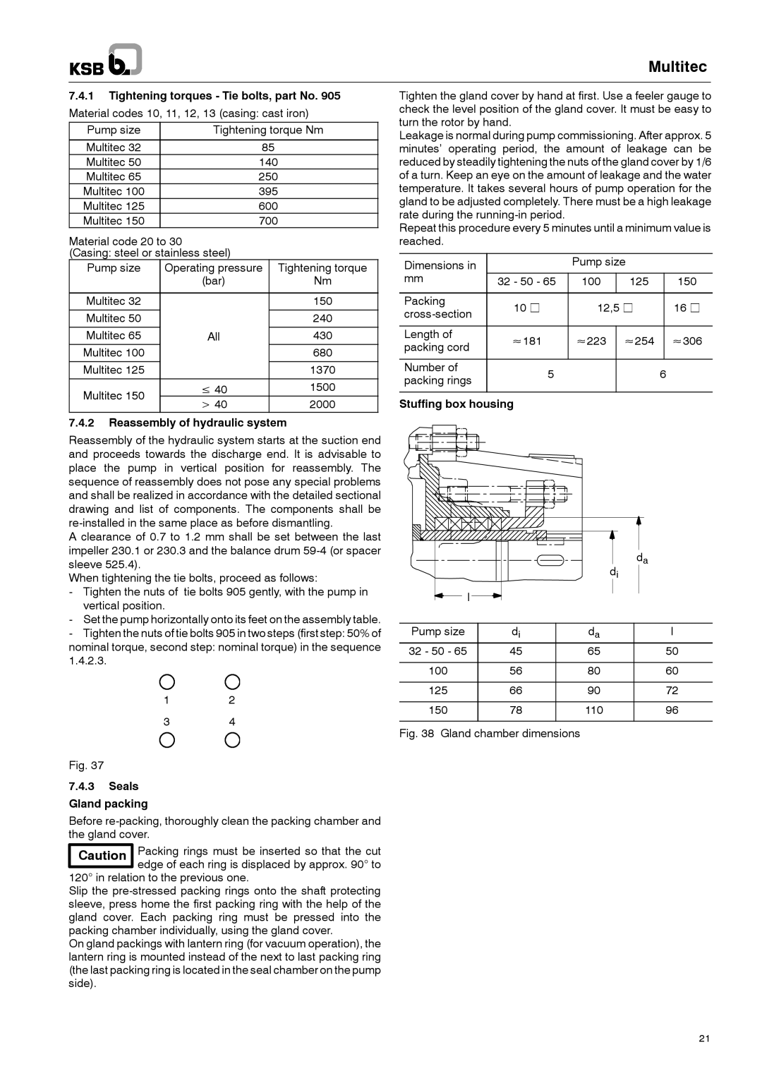 Multitech 1777.8/7-10 G3 operating instructions Reassembly of hydraulic system, Seals Gland packing, Stuffing box housing 