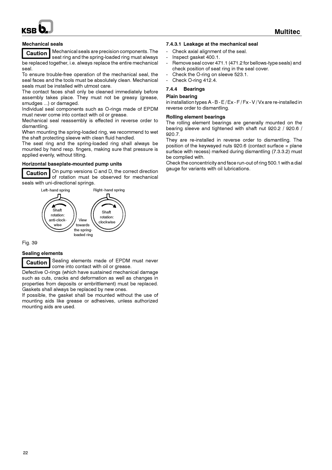 Multitech 1777.8/7-10 G3 operating instructions Mechanical seals, Horizontal baseplate-mounted pump units, Sealing elements 