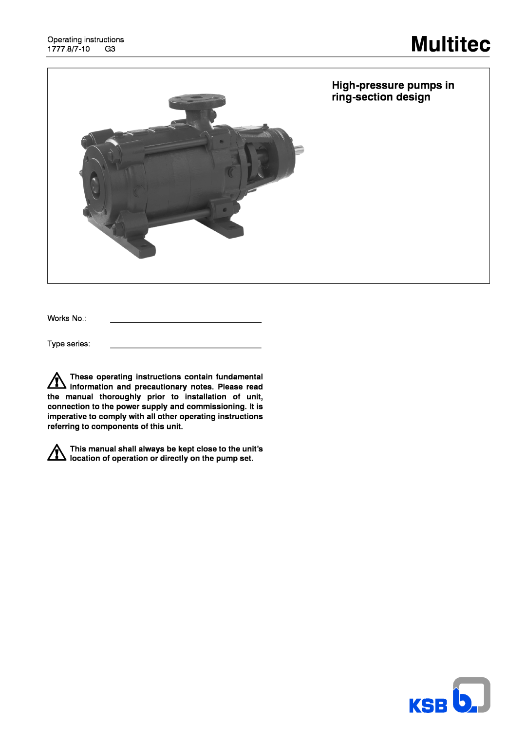 Multitech 1777.8/7-10 G3 operating instructions High-pressurepumps in ring-sectiondesign, Multitec 