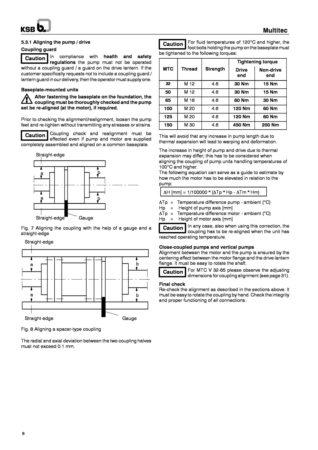Multitech 1777.8/7-10 G3 operating instructions Multitec, 5.3.1Aligning the pump / drive Coupling guard 