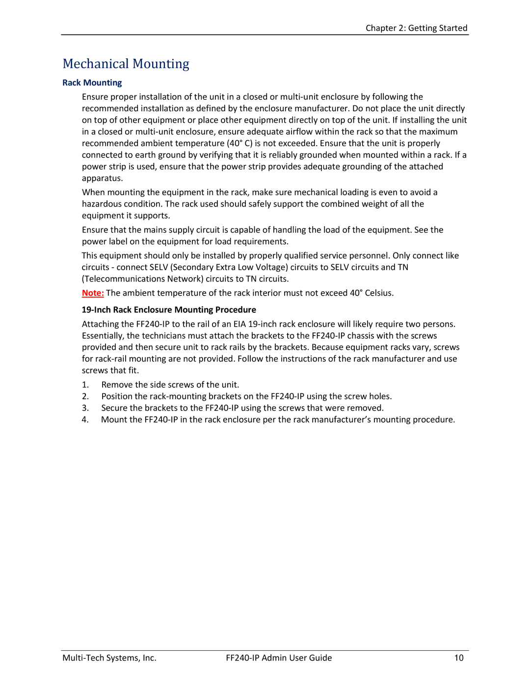 Multitech FF240 manual Mechanical Mounting, Rack Mounting, Inch Rack Enclosure Mounting Procedure 