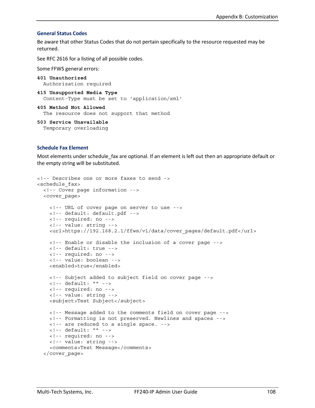 Multitech FF240 manual General Status Codes, Schedule Fax Element 