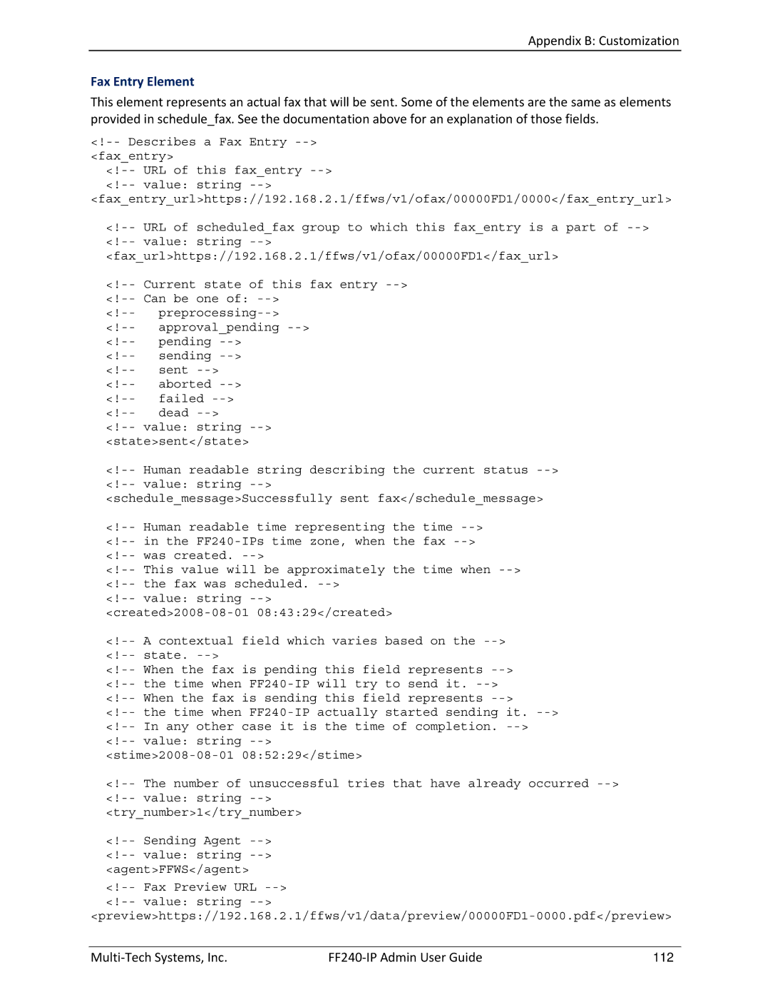 Multitech FF240 manual Fax Entry Element 