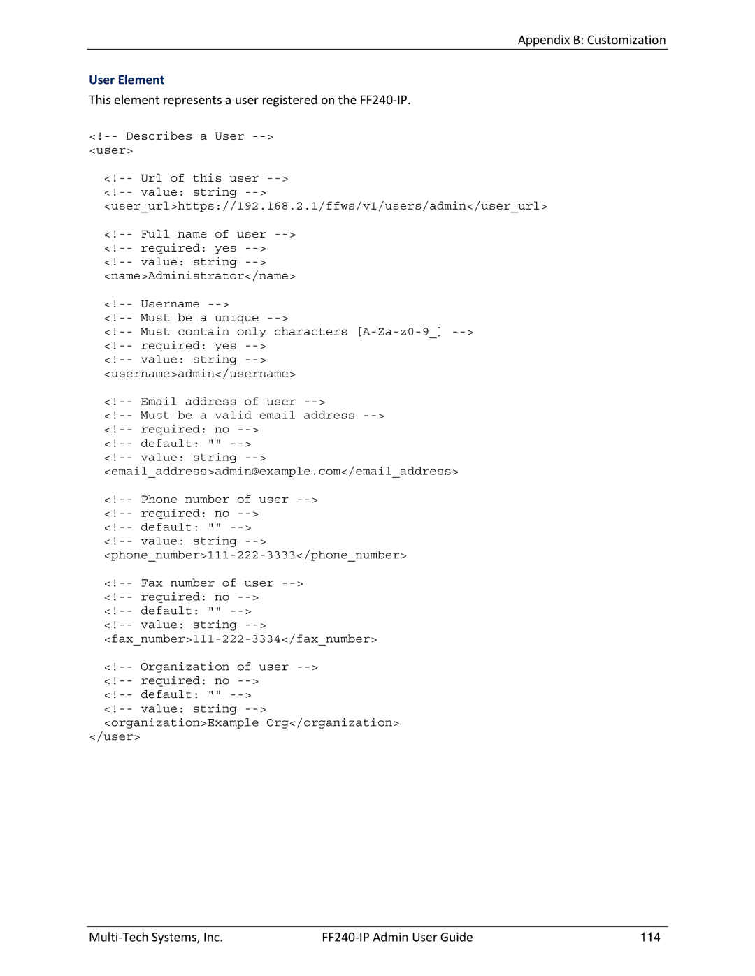 Multitech manual User Element, This element represents a user registered on the FF240-IP 