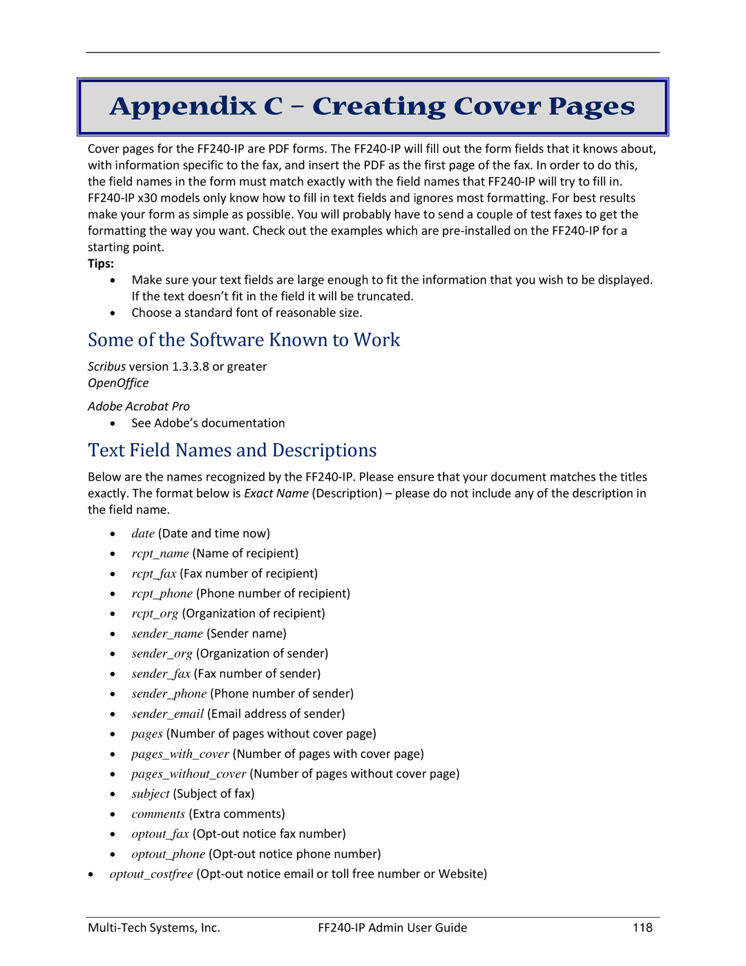 Multitech FF240 Appendix C Creating Cover Pages, Some of the Software Known to Work, Text Field Names and Descriptions 