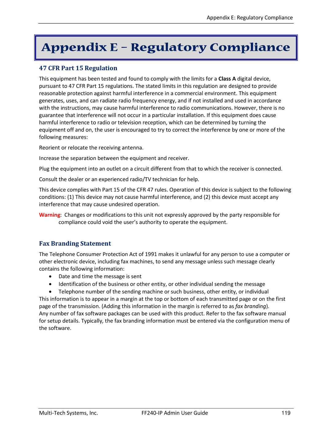 Multitech FF240 manual Appendix E Regulatory Compliance, CFR Part 15 Regulation, Fax Branding Statement 