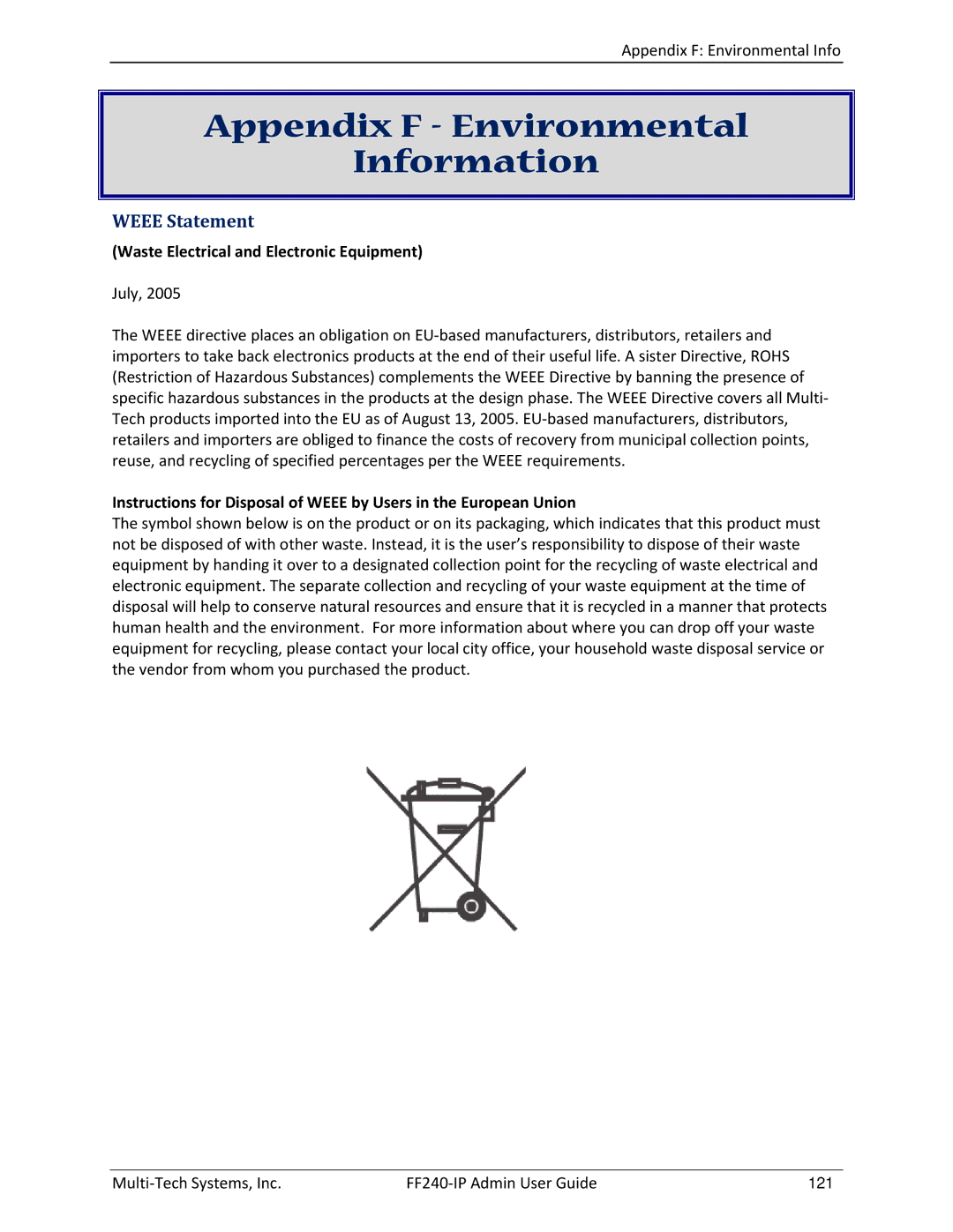 Multitech FF240 manual Appendix F Environmental Information, Weee Statement, Waste Electrical and Electronic Equipment 