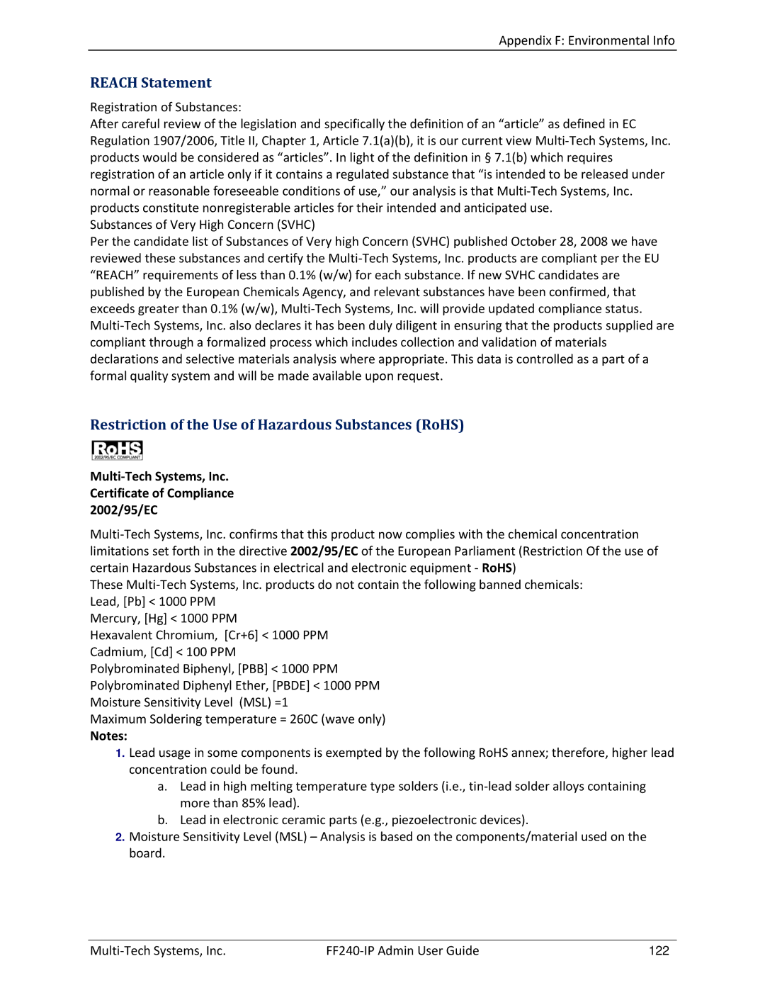 Multitech FF240 manual Reach Statement, Restriction of the Use of Hazardous Substances RoHS 