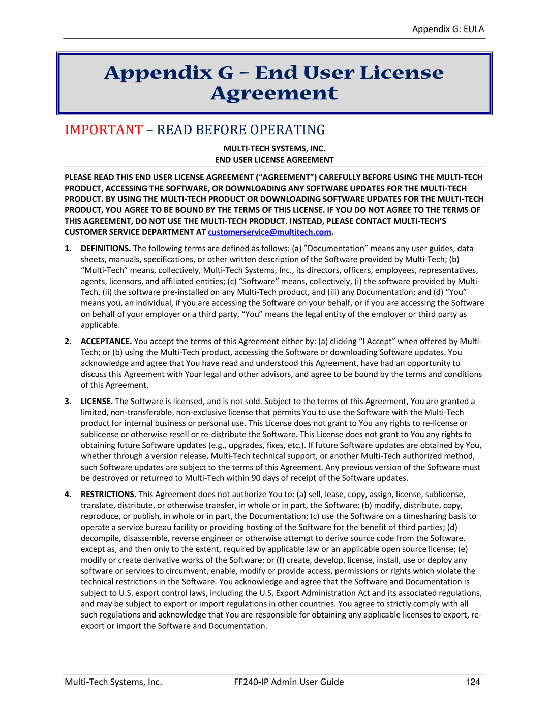 Multitech FF240 manual Appendix G End User License Agreement, Important Read Before Operating 