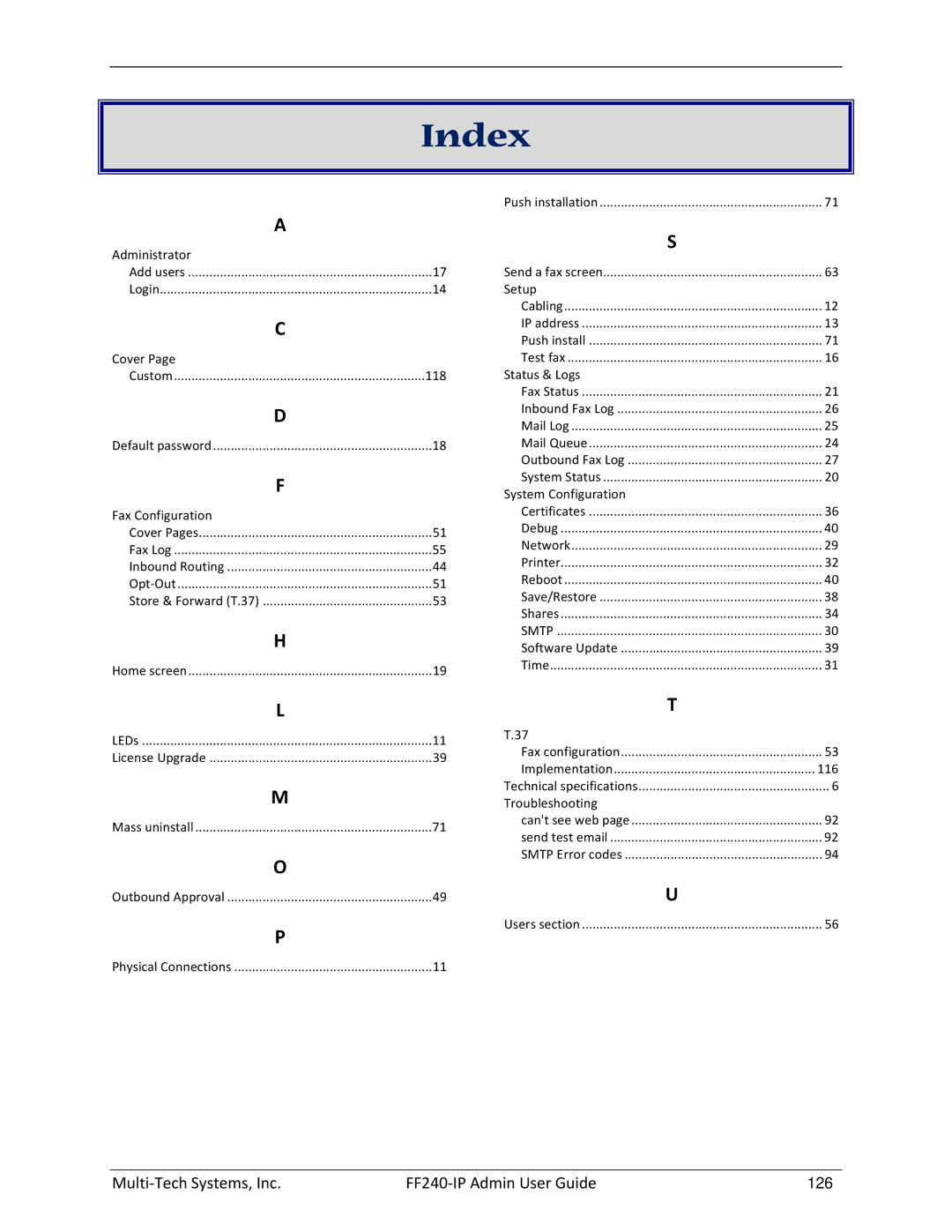 Multitech FF240 manual Index, Fax Configuration 