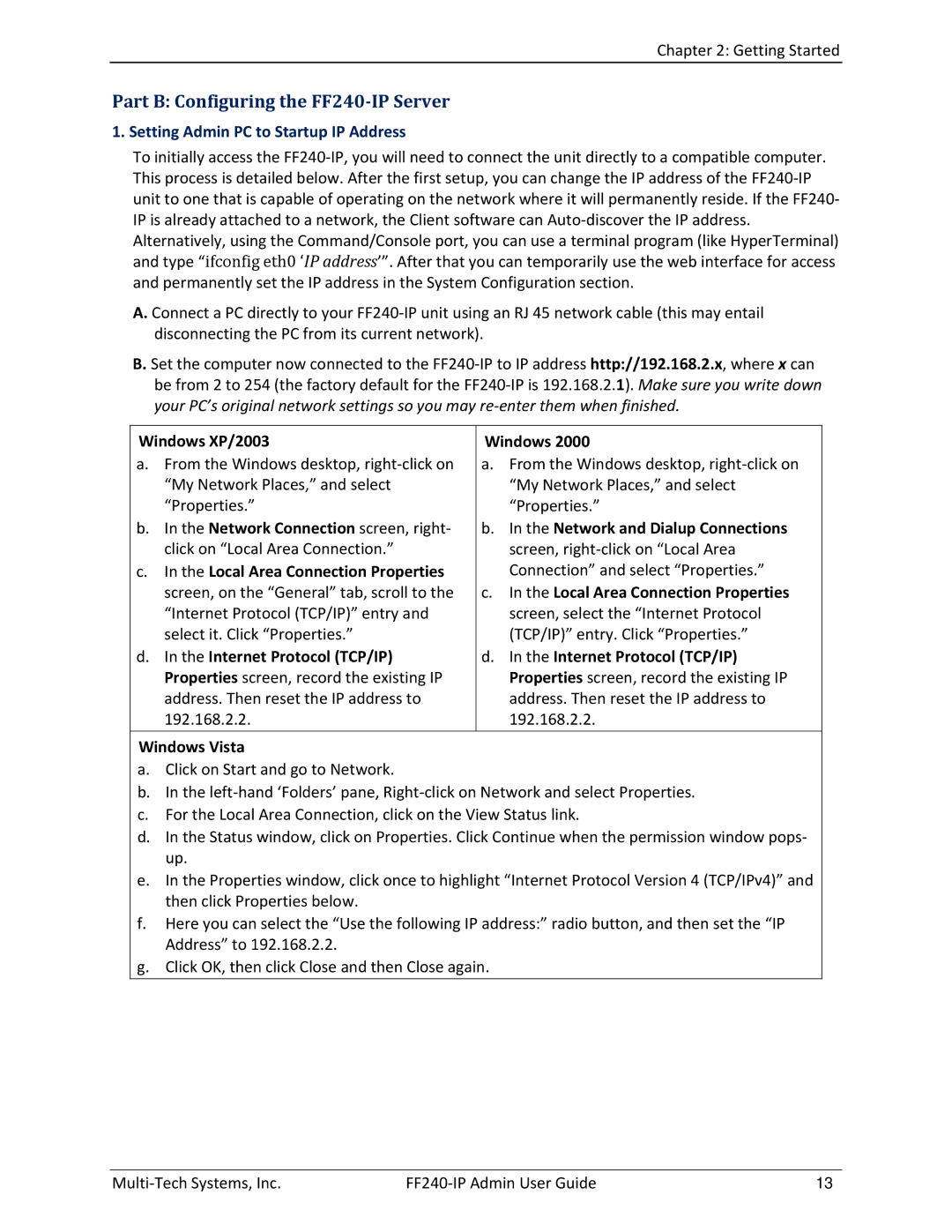 Multitech manual Part B Configuring the FF240-IP Server, Setting Admin PC to Startup IP Address 