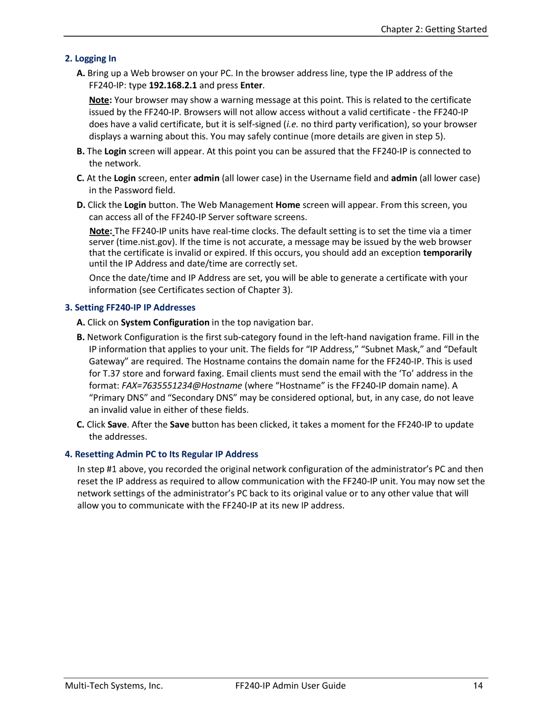 Multitech manual Logging, Setting FF240-IP IP Addresses, Resetting Admin PC to Its Regular IP Address 