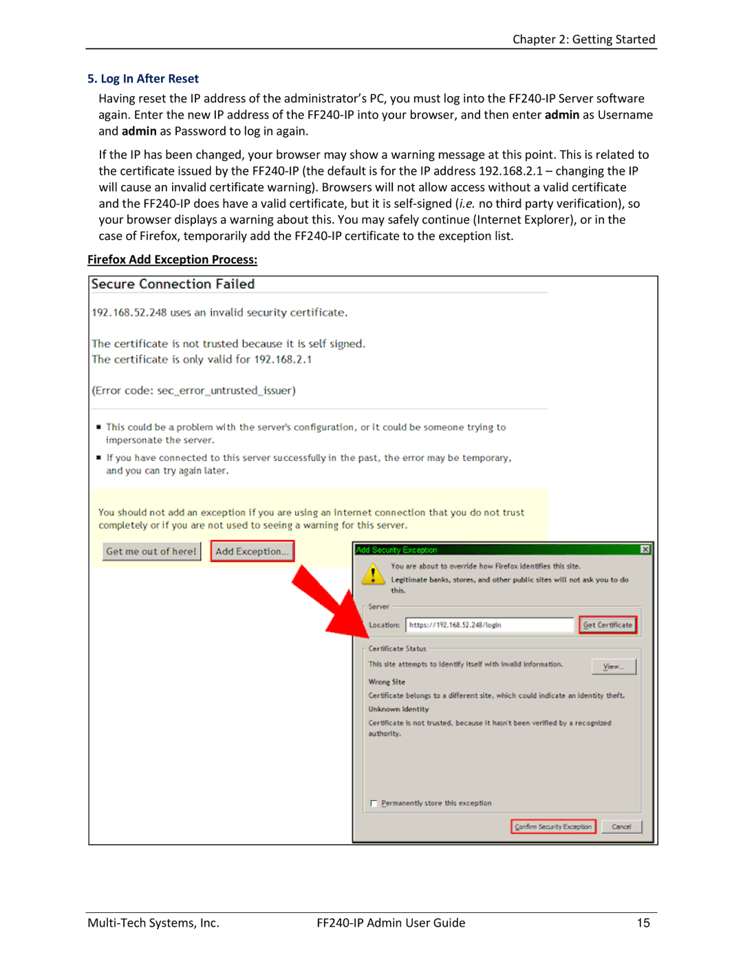 Multitech FF240 manual Log In After Reset, Firefox Add Exception Process 