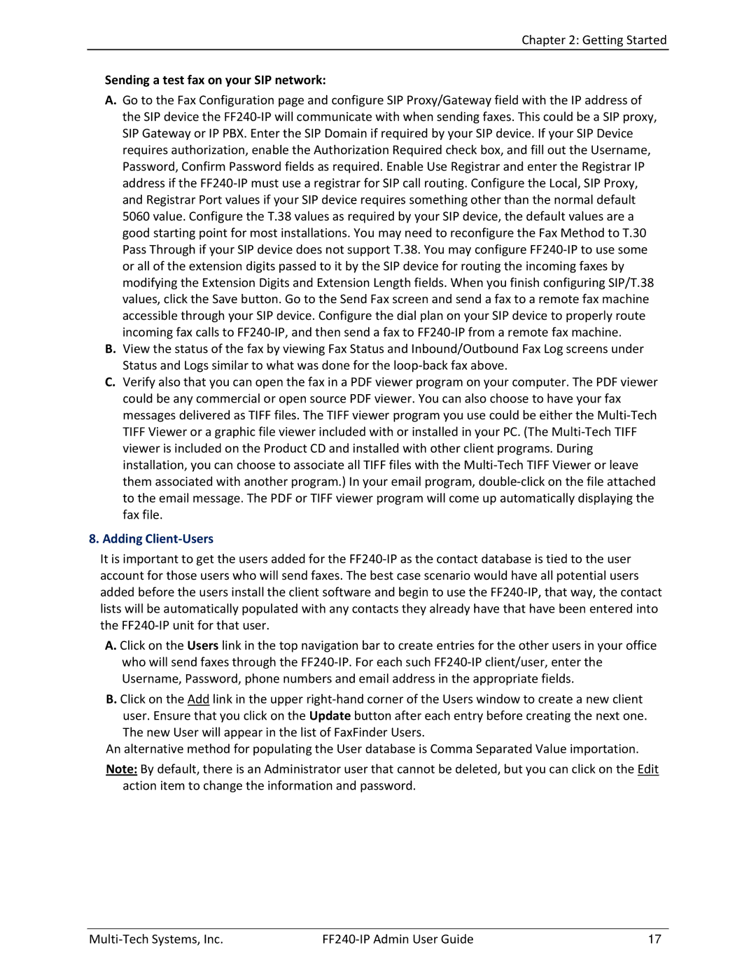 Multitech FF240 manual Sending a test fax on your SIP network, Adding Client-Users 