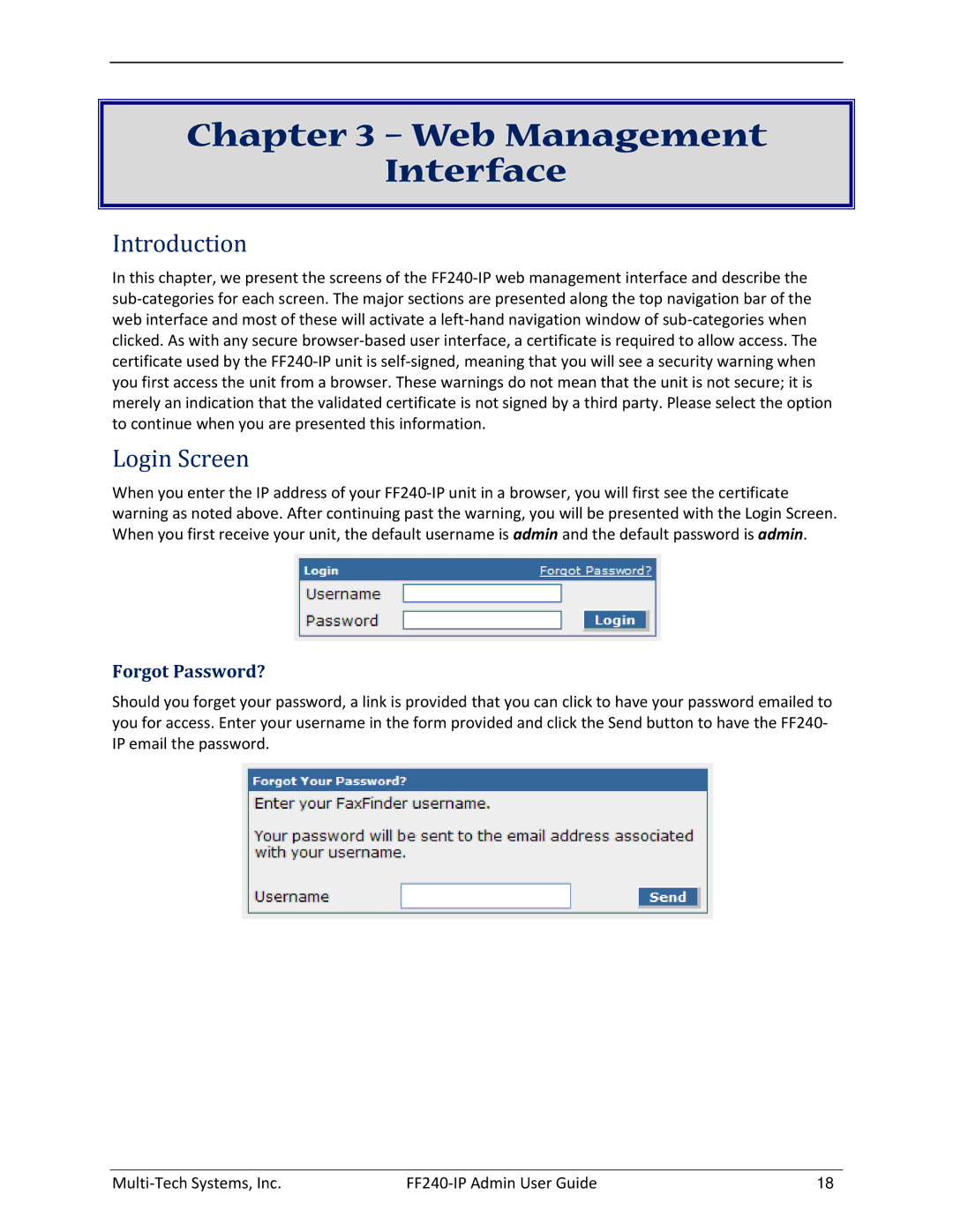 Multitech FF240 manual Web Management Interface, Login Screen, Forgot Password? 