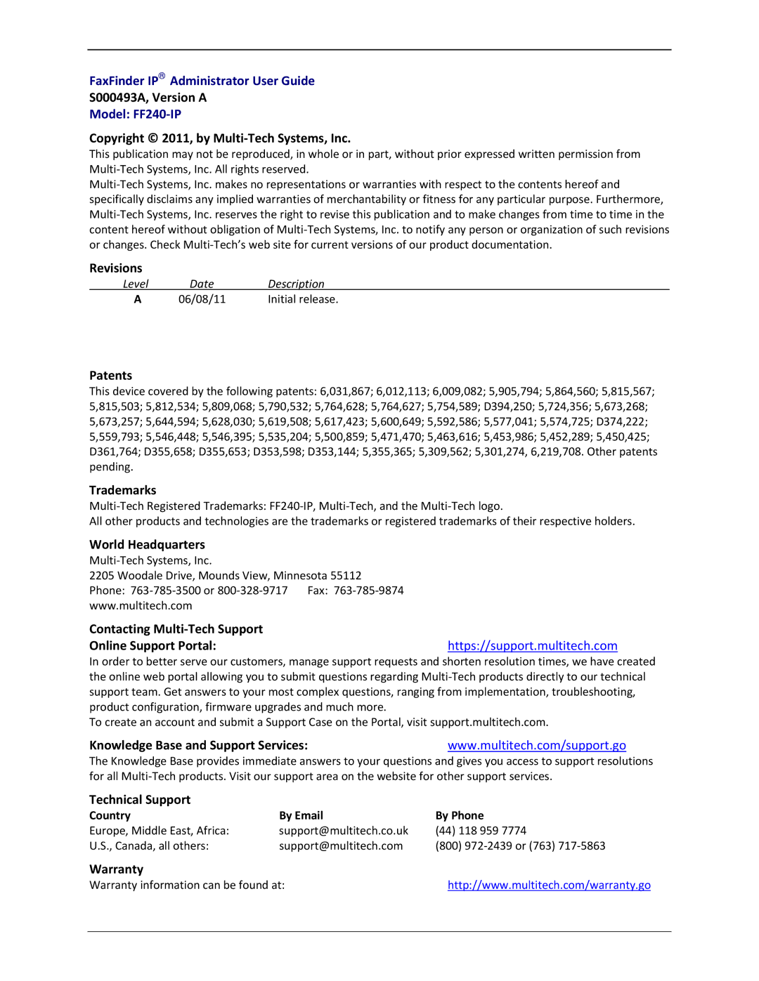 Multitech FF240 S000493A, Version a, Copyright 2011, by Multi-Tech Systems, Inc, Revisions, Patents, Trademarks, Warranty 