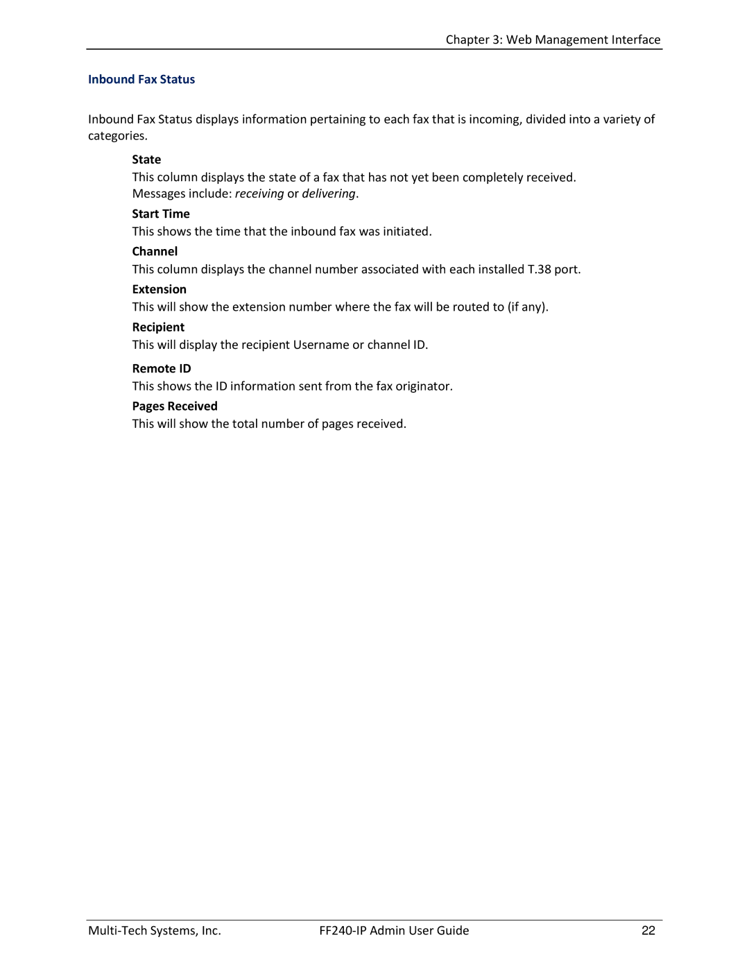 Multitech FF240 manual Inbound Fax Status, Start Time, Extension, Recipient, Pages Received 