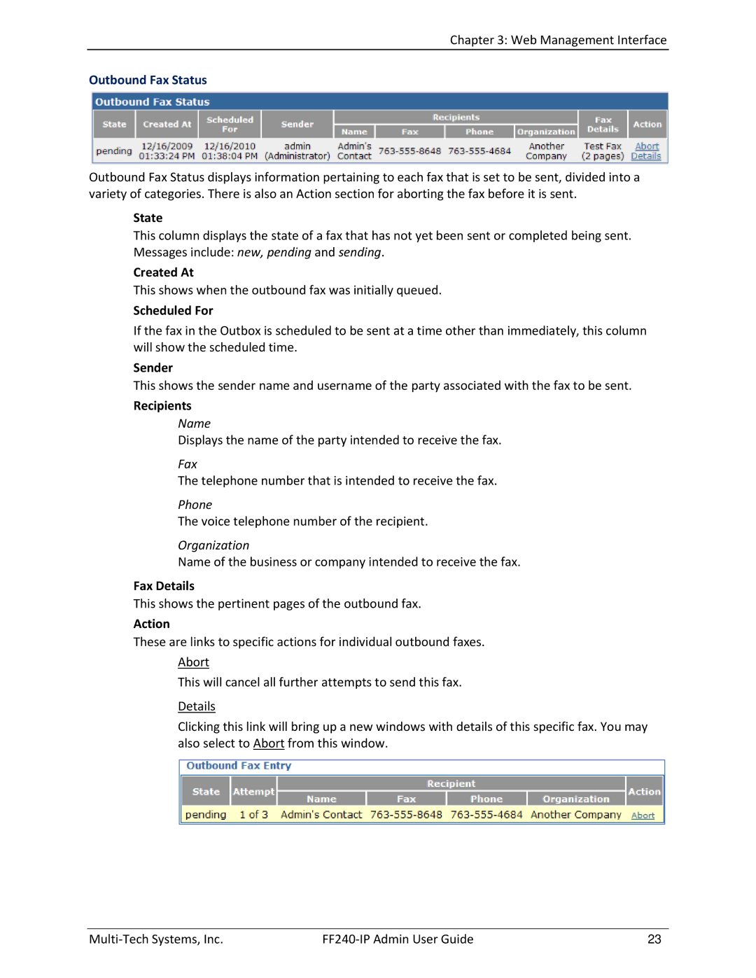 Multitech FF240 manual Outbound Fax Status 