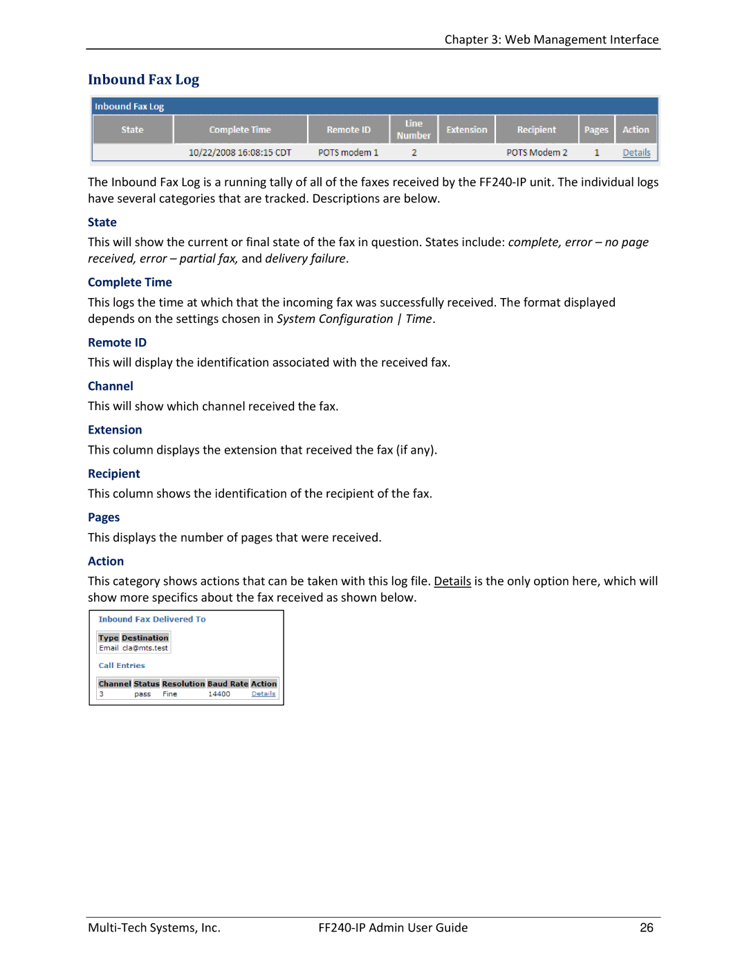 Multitech FF240 manual Inbound Fax Log 