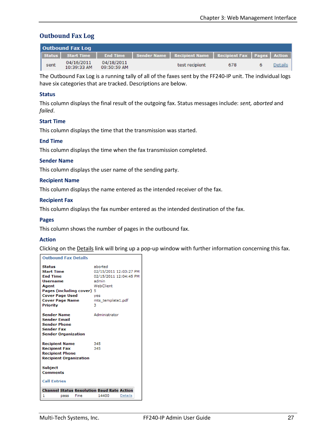 Multitech FF240 manual Outbound Fax Log 