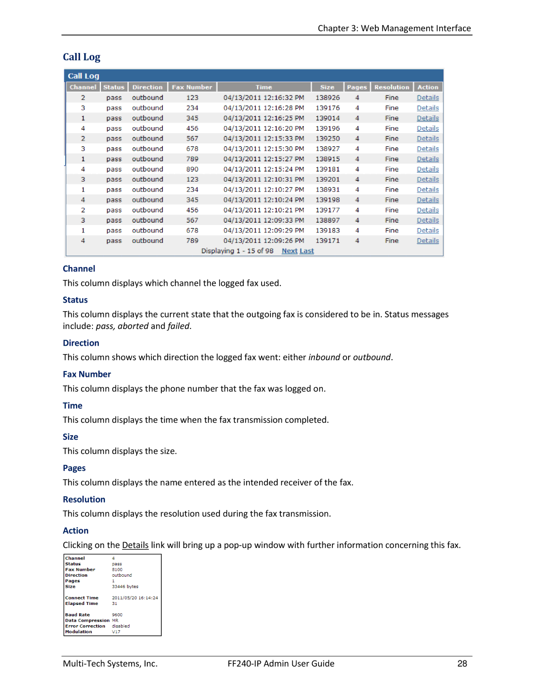 Multitech FF240 manual Call Log, Direction, Fax Number, Time, Resolution 