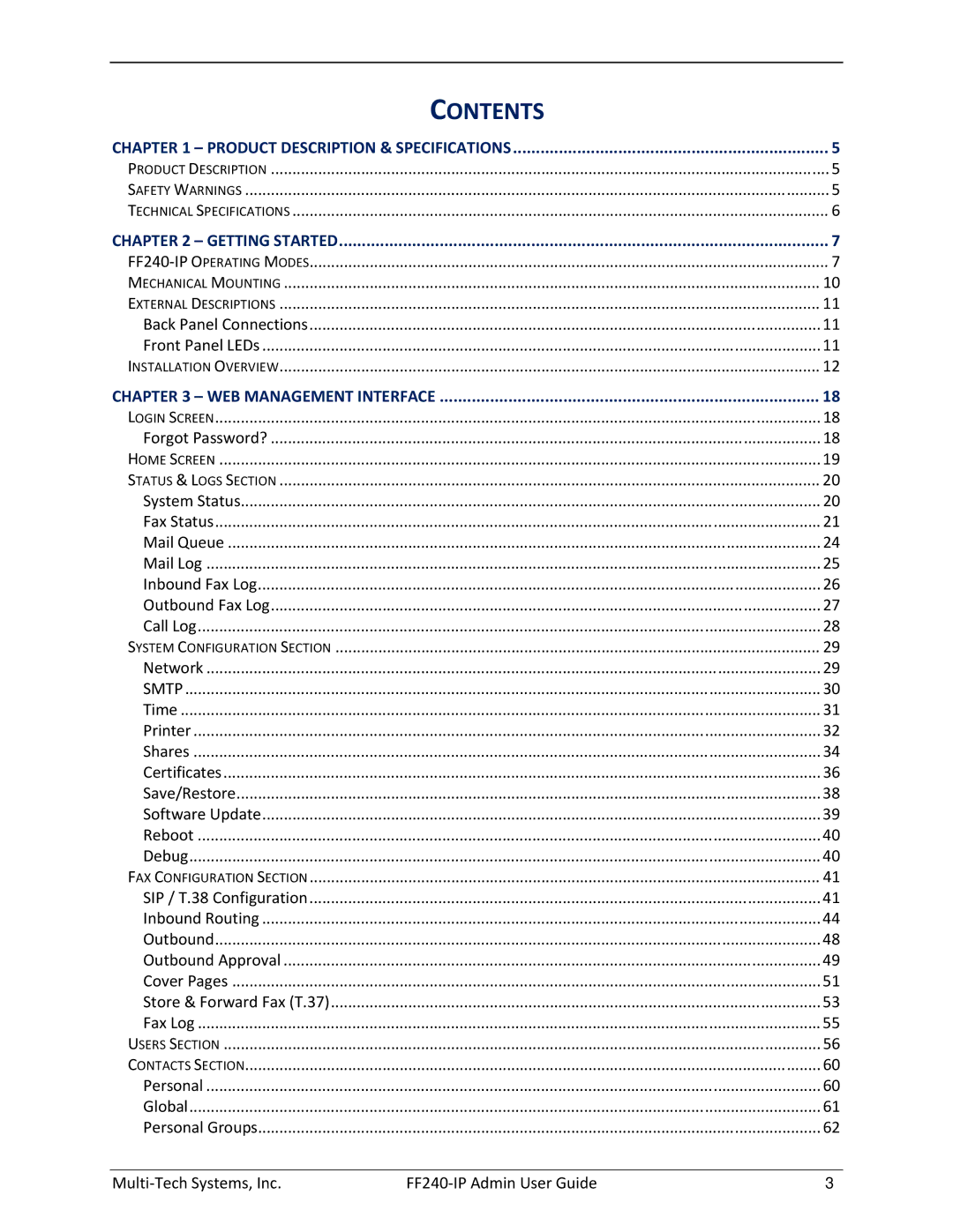 Multitech FF240 manual Contents 