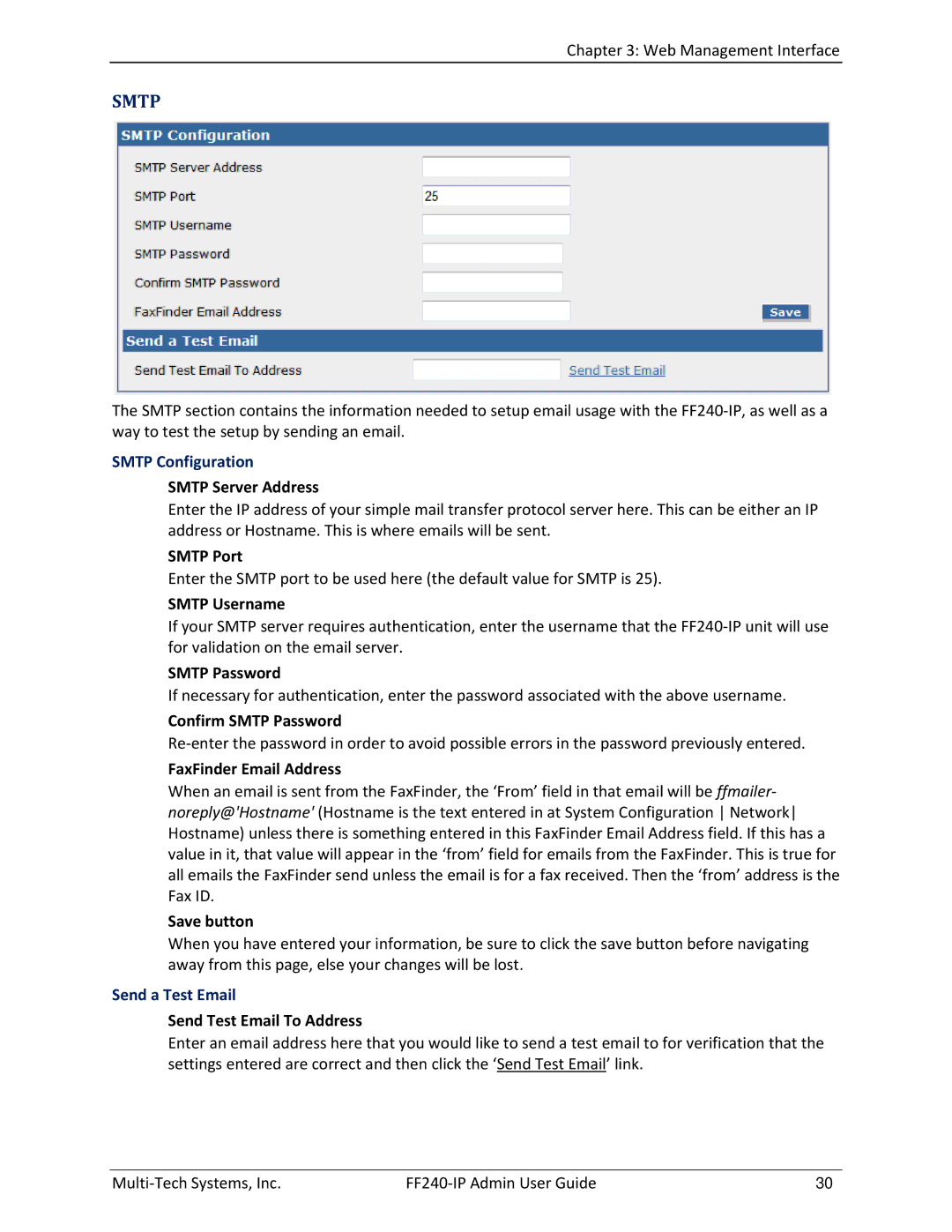 Multitech FF240 manual Smtp Configuration, Send a Test Email 