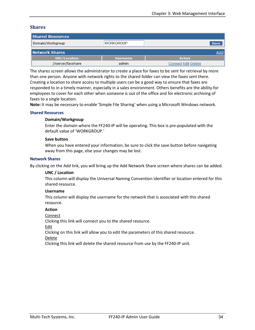 Multitech FF240 manual Shared Resources, Network Shares 