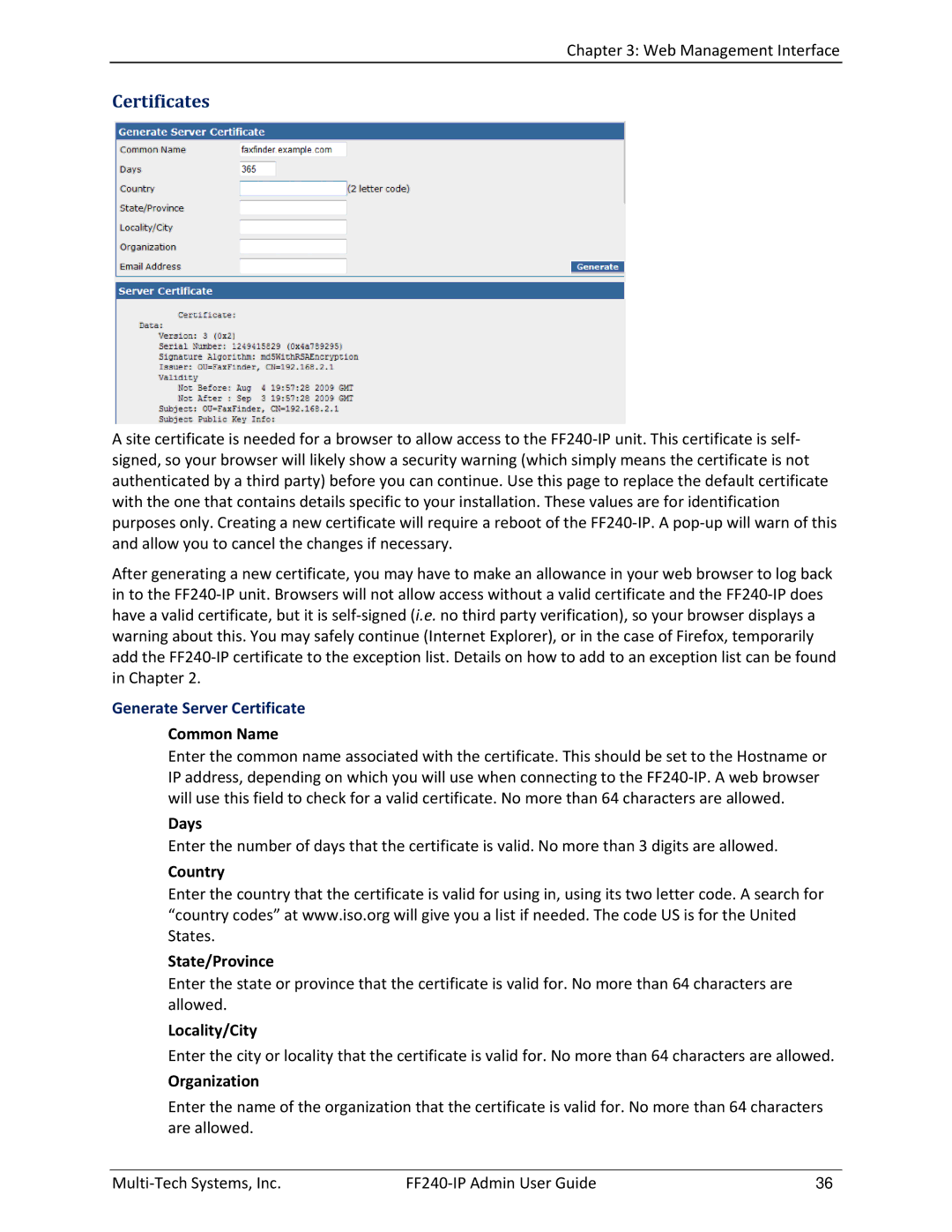 Multitech FF240 manual Certificates, Generate Server Certificate 