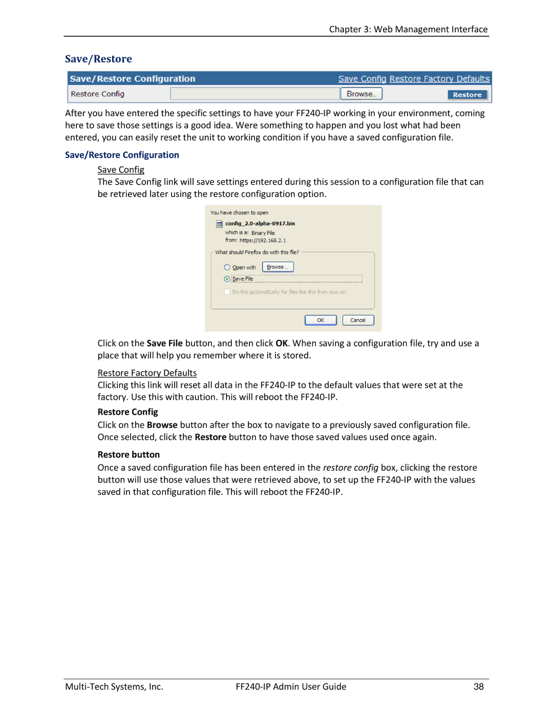 Multitech FF240 manual Save/Restore Configuration, Restore button 
