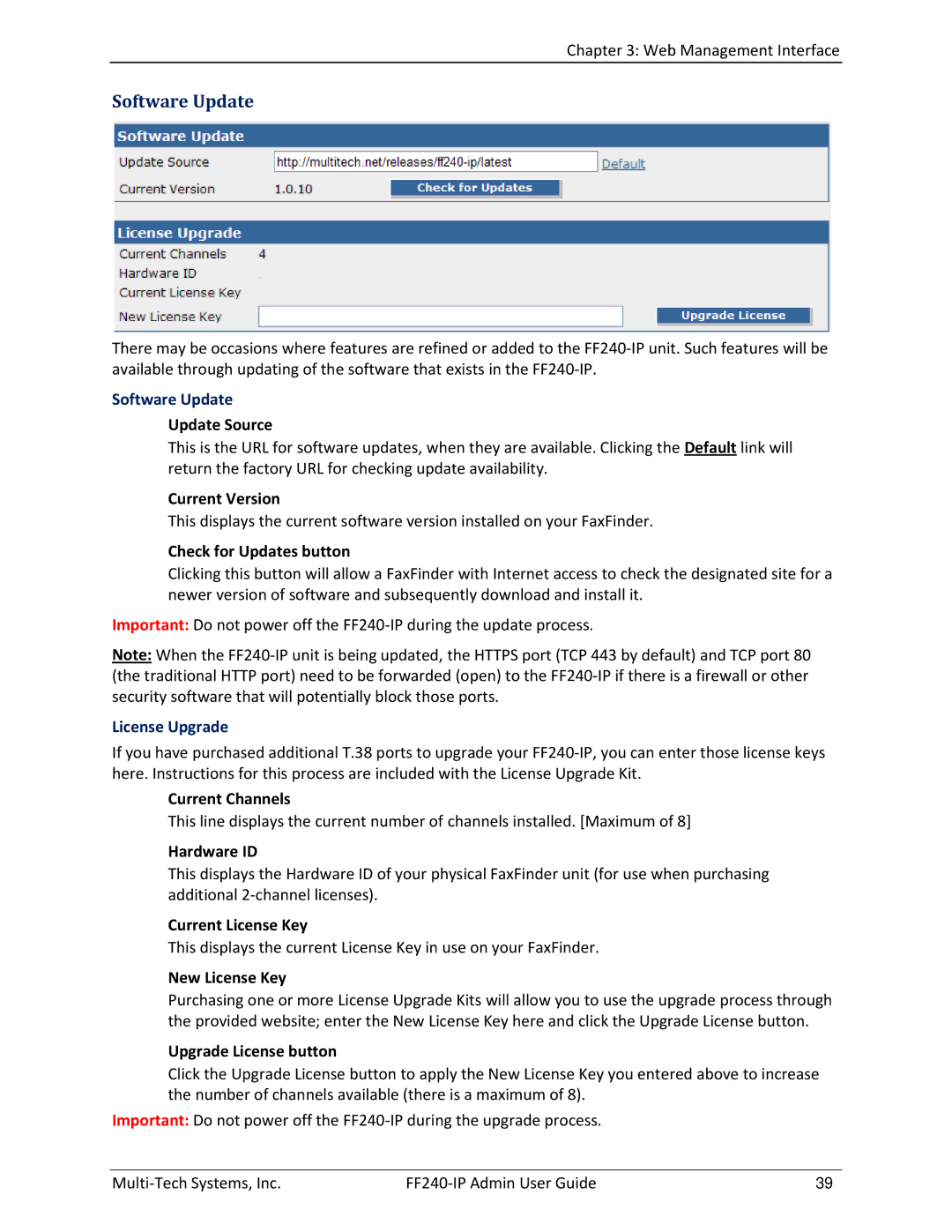 Multitech FF240 manual Software Update, License Upgrade 